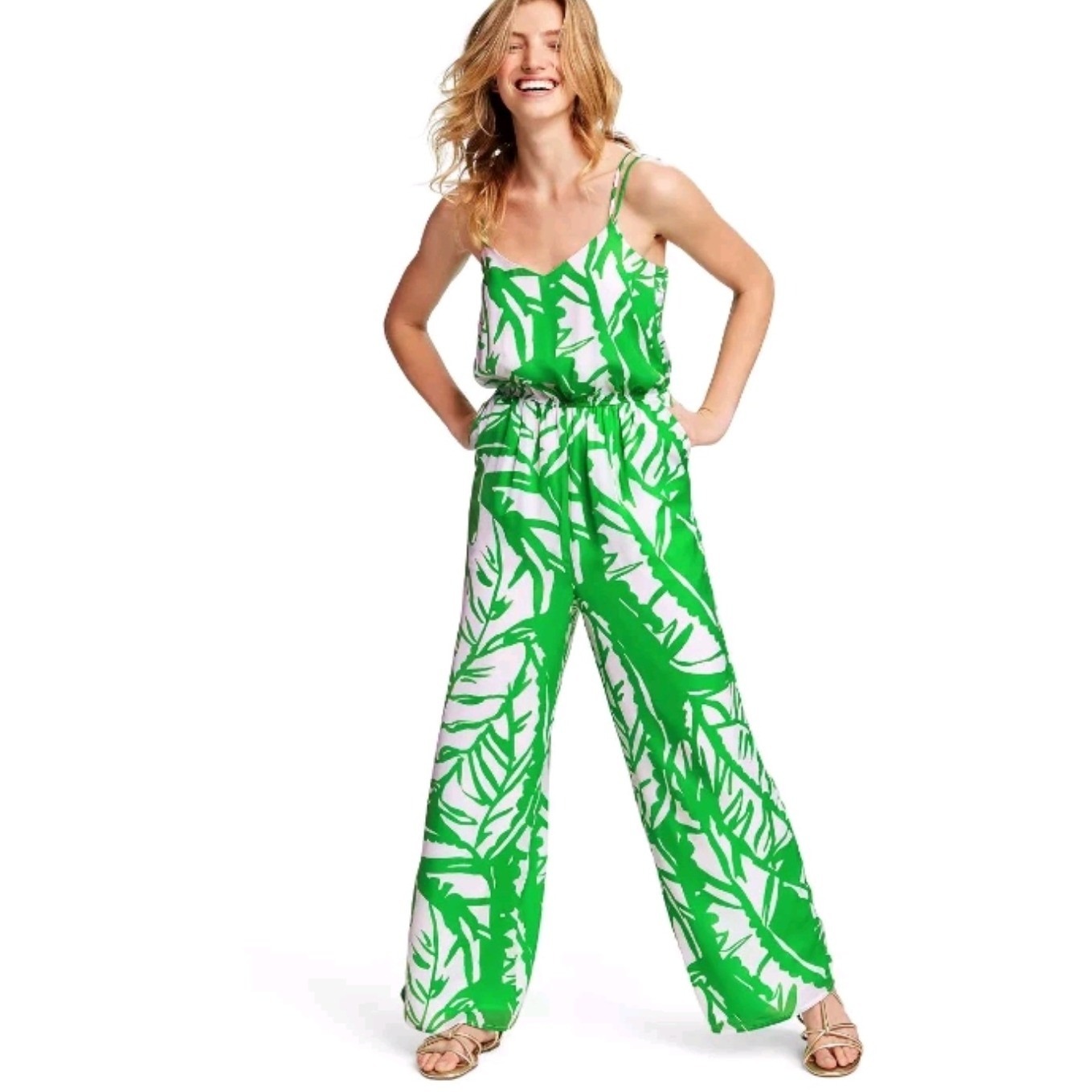 Lilly Pulitzer Target Green White Palm Leaf Wide Leg Jumpsuit Xl Tropical V-Neck